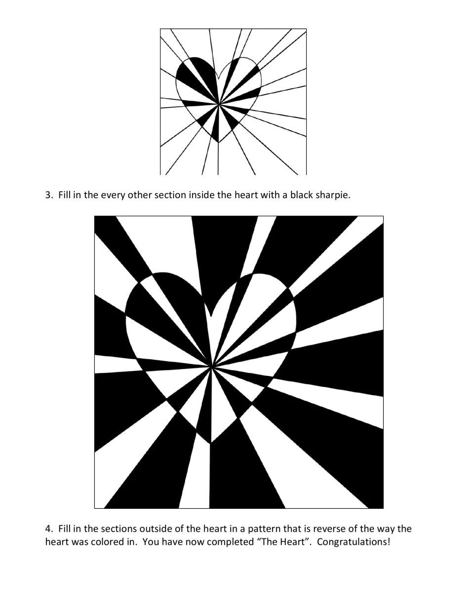 The Heart op art steps 3-4: students fill alternate sections inside the heart black, then reverse the pattern outside it