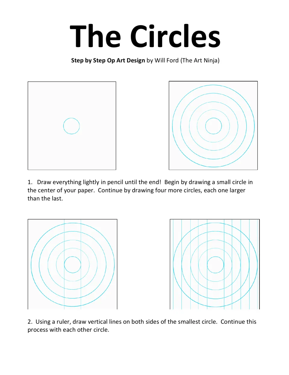 The Circles op art steps 1-2: students draw five nested circles around a center, then add vertical ruler guides