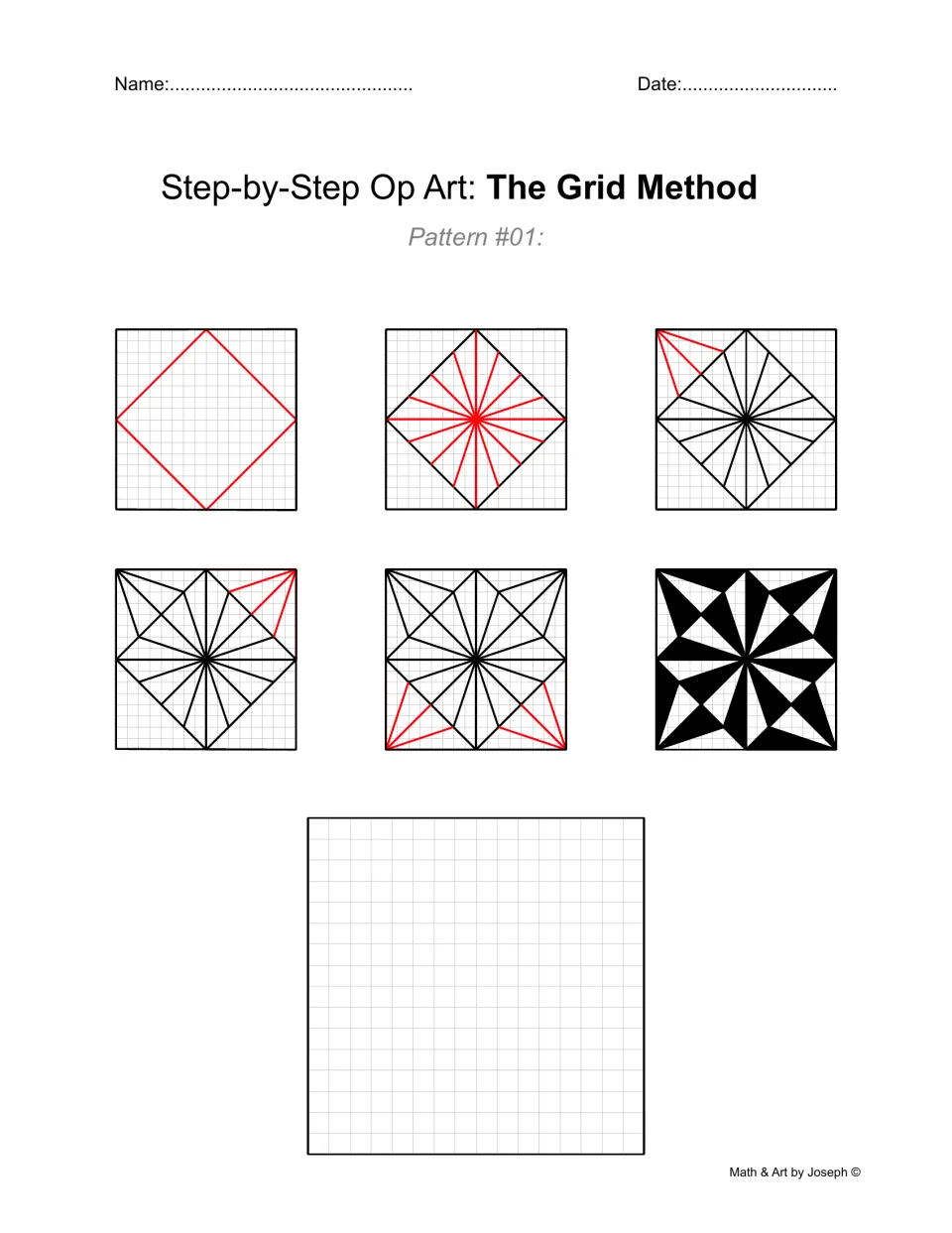 Op art drawing practice, Pattern #01: six stages build a black-and-white design of triangles around a center.