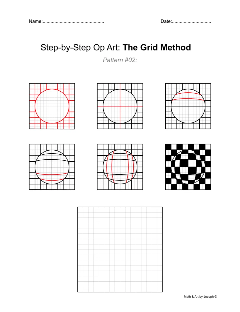 Op art drawing practice, Pattern #02: six stages create a curved checkerboard sphere against a checked background.