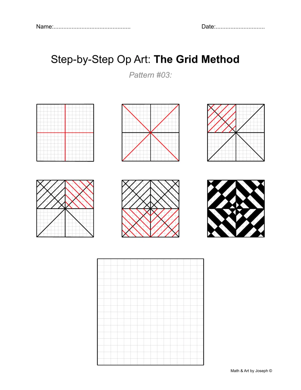 Op art drawing practice, Pattern #03: six stages develop a black-and-white design of nested diamonds and triangles.