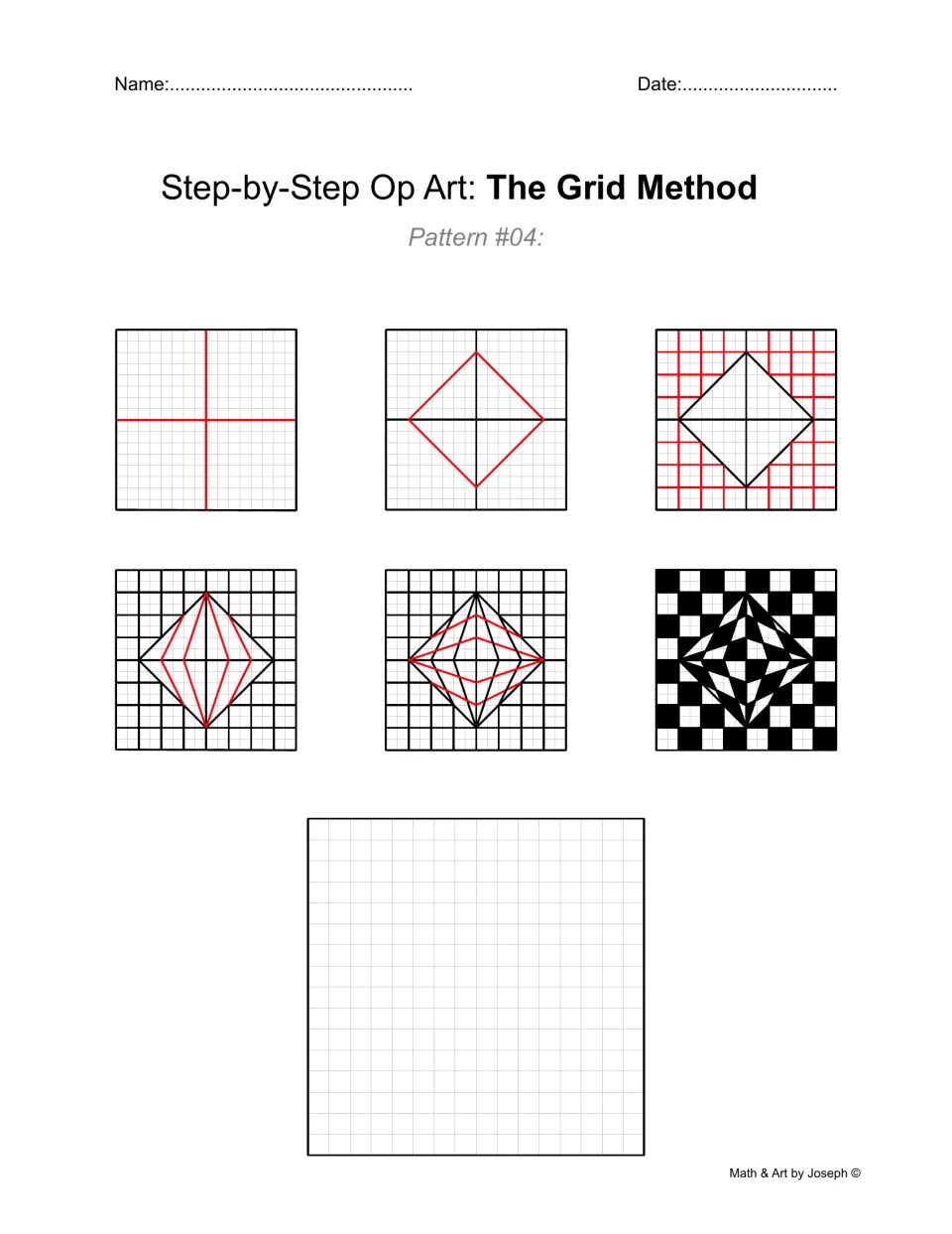 Op art drawing practice, Pattern #04: six stages build a faceted black-and-white diamond on a checked background.