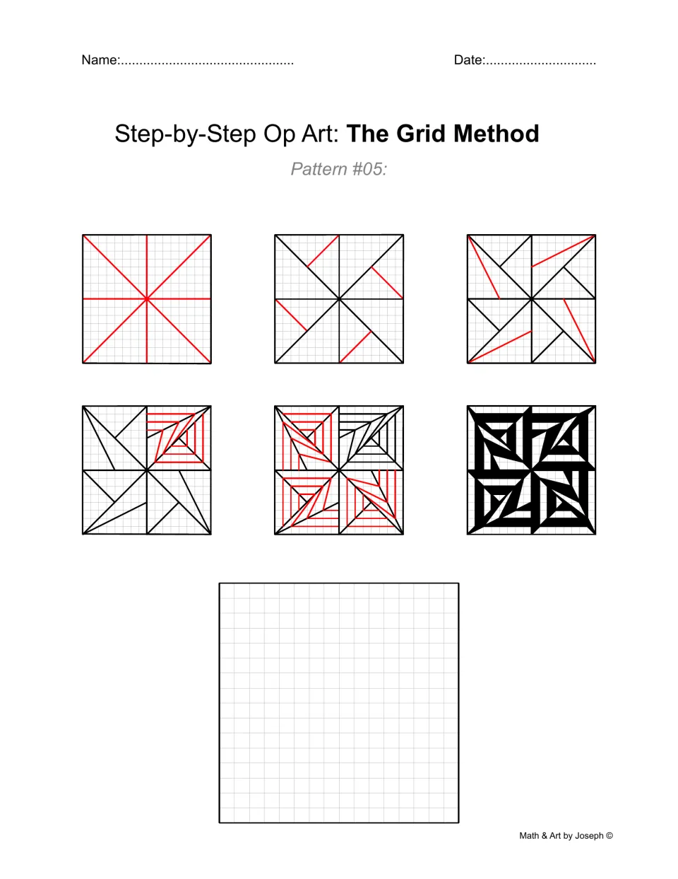 Op art drawing practice, Pattern #05: six stages create four angular spiral forms in a black-and-white design.