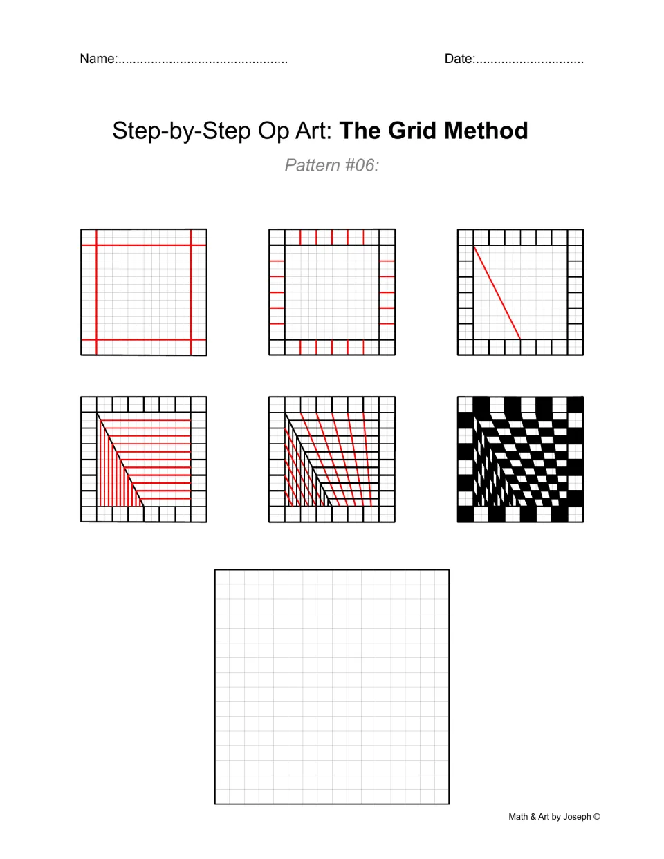 Op art Pattern #06: students draw a border and a diagonal, then connect points to warp a checkerboard inward