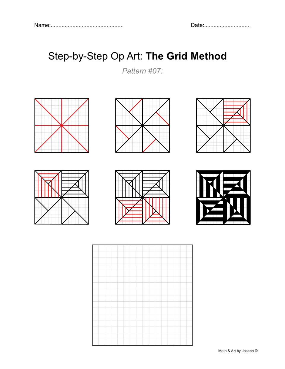 Op art drawing practice, Pattern #07: six stages build four geometric sections with alternating black-and-white bands.