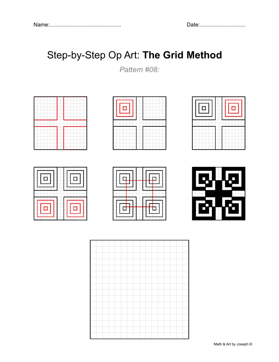 Op art drawing practice, Pattern #08: six stages form four sets of nested squares around a central black cross.