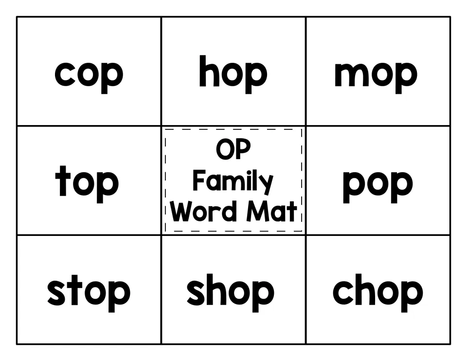 OP family word mat: students read cop, hop, mop, top, pop, stop, shop and chop and match a picture to each -op word