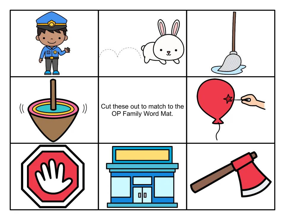 Color cut-out pieces for the OP word mat: police officer, hopping bunny, mop, top, balloon, stop sign, shop and axe
