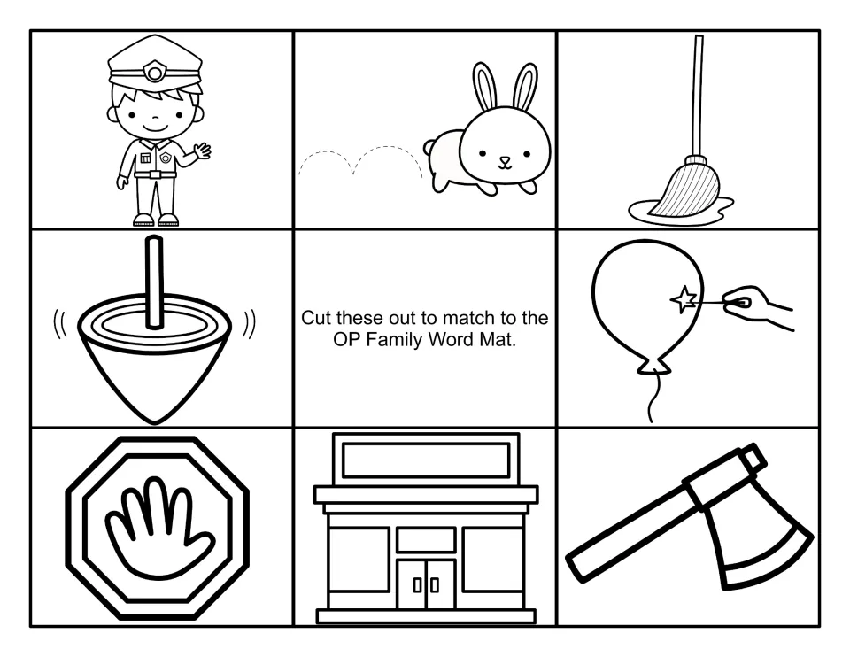 Black-and-white cut-out pieces for the OP word mat: officer, bunny, mop, top, popping balloon, stop sign, shop and axe
