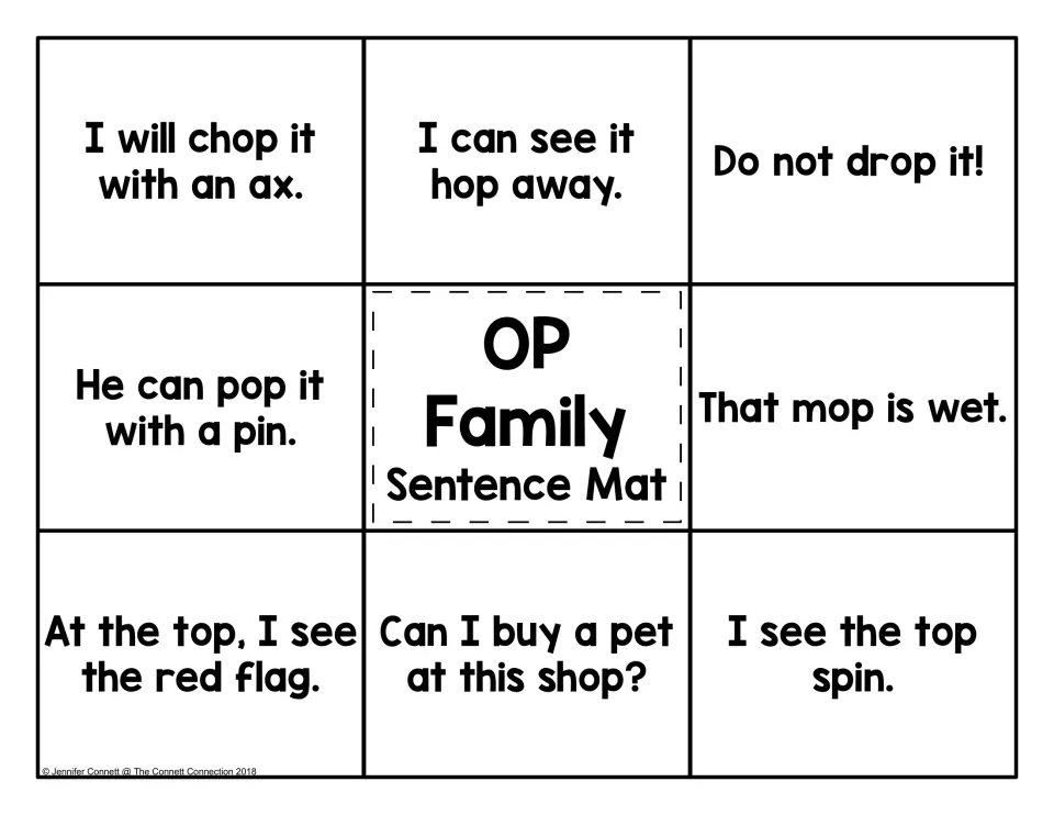 OP family sentence mat: students read eight short sentences such as 'I will chop it with an ax.' and 'That mop is wet.'
