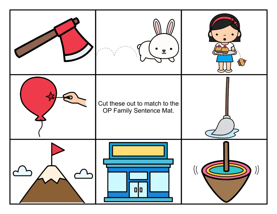Color cut-out pieces for the OP sentence mat: axe, bunny, girl dropping a cupcake, balloon, mop, mountain flag, shop, top