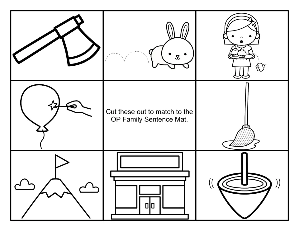 Black-and-white cut-out pieces for the OP sentence mat: axe, bunny, dropped cupcake, balloon, mop, mountain flag, shop, top