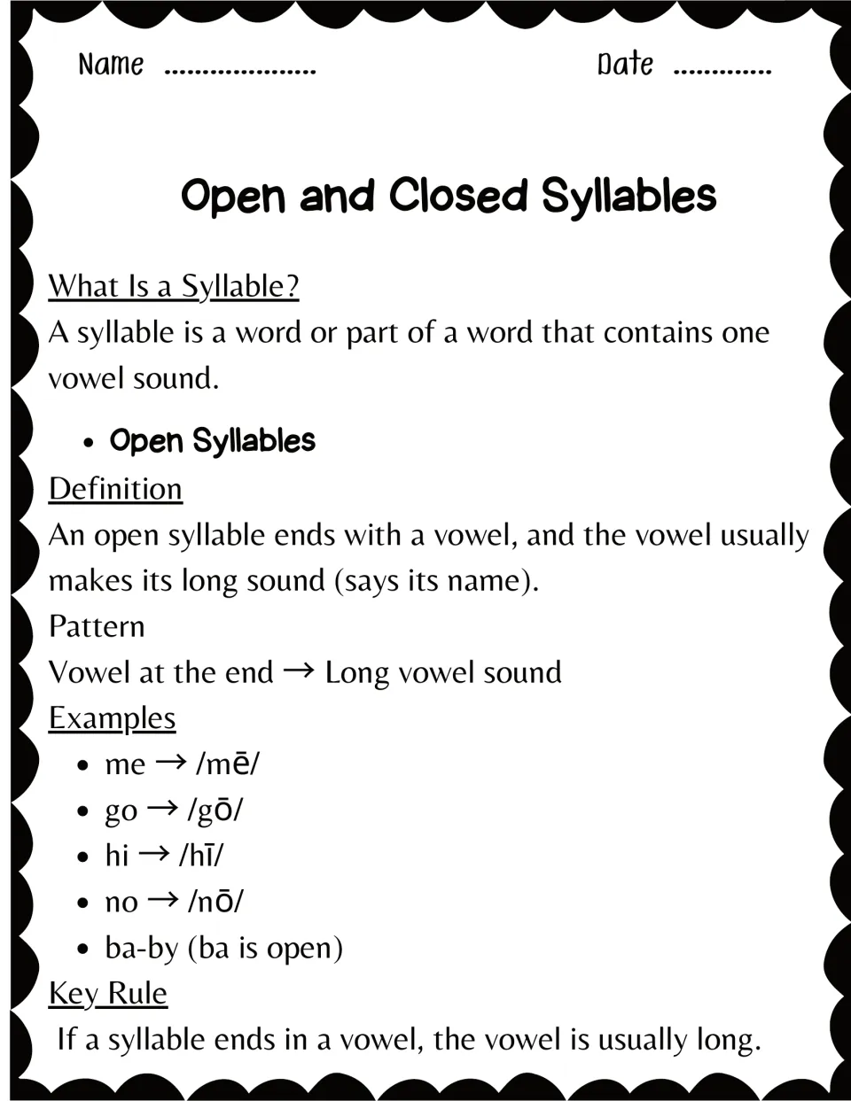 Open syllables reference: defines a syllable and open syllable, with long-vowel examples me, go, hi, no and ba-by