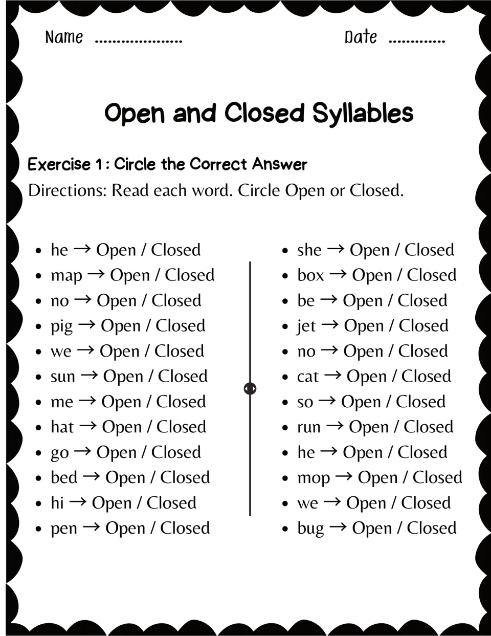 Exercise 1, identifying syllable types: students read 24 short words such as he, map and box and circle Open or Closed