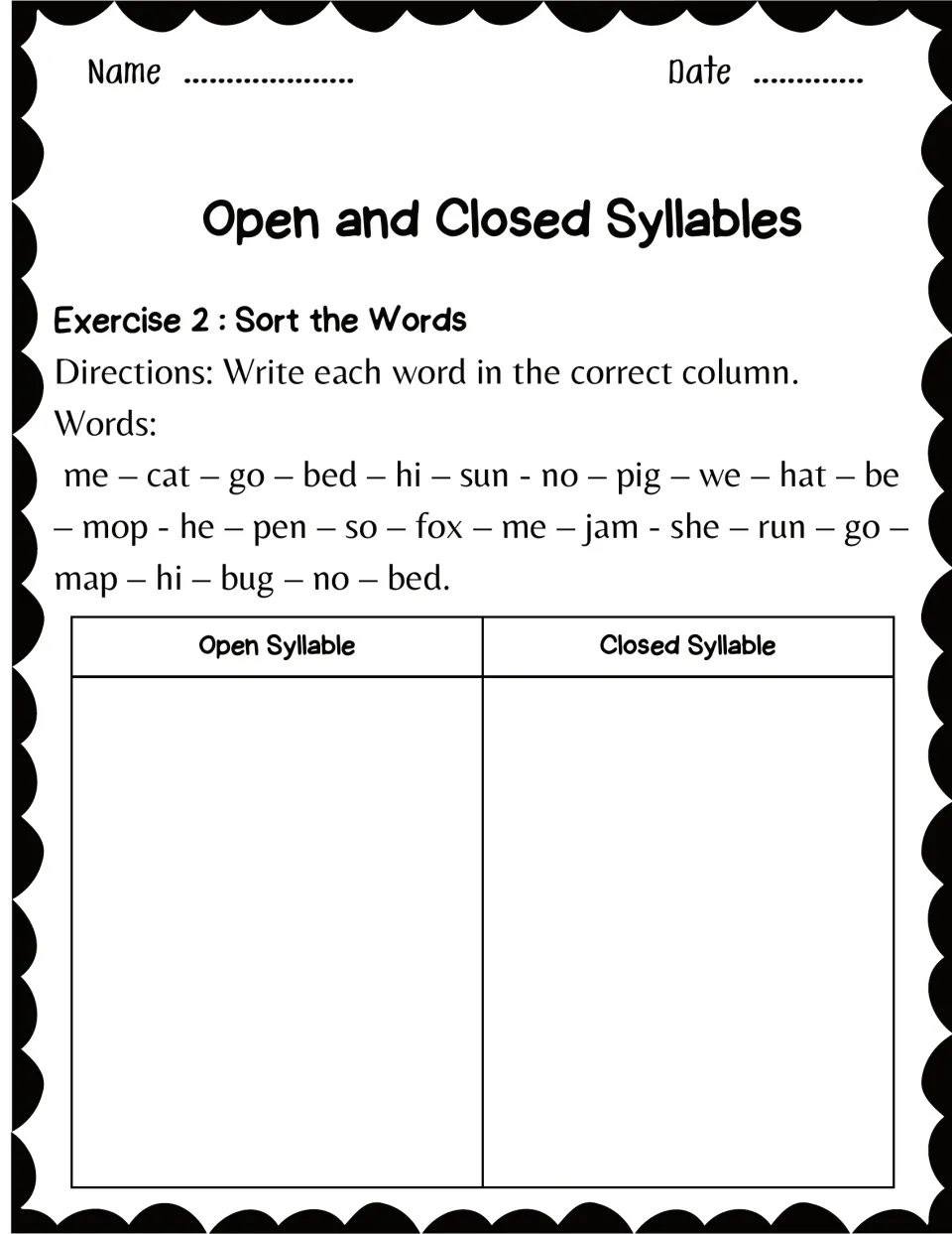Exercise 2, syllable sort: students write words like me, cat, go, bed and fox under Open Syllable or Closed Syllable