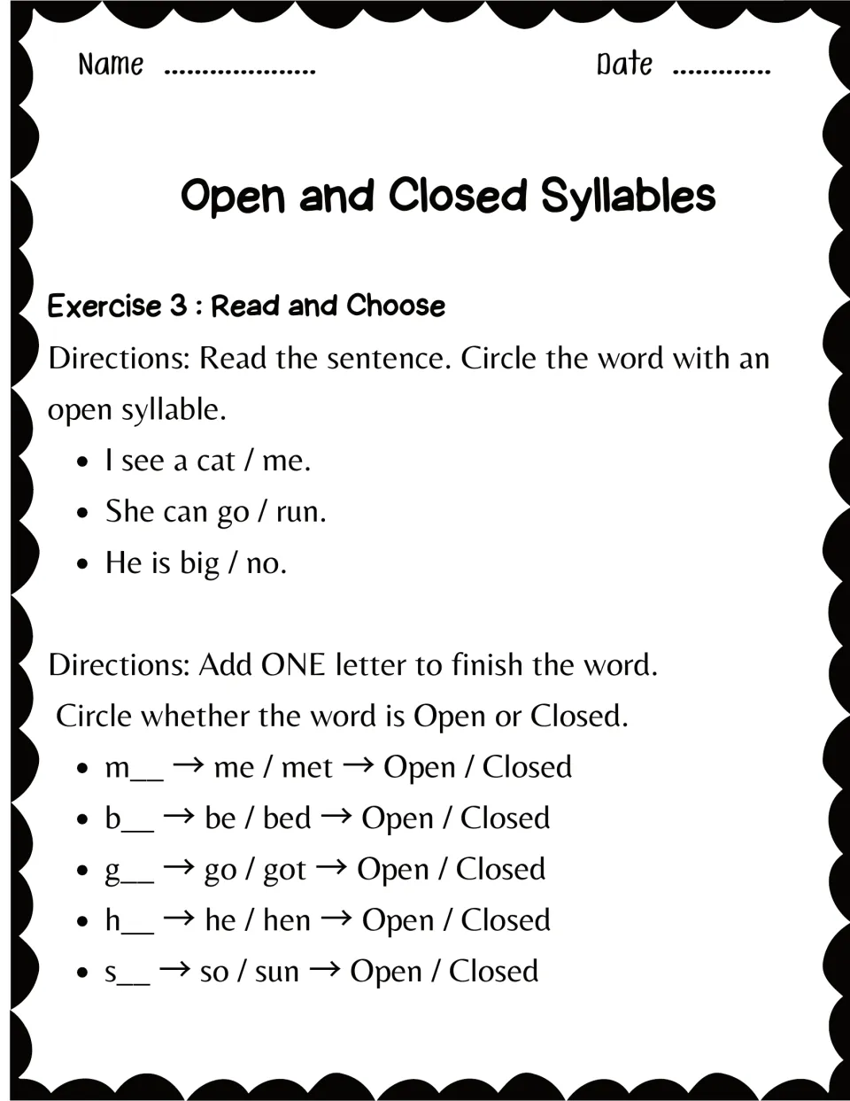 Exercise 3, Read and Choose: students circle the open-syllable word in sentences, then pick me or met and label it