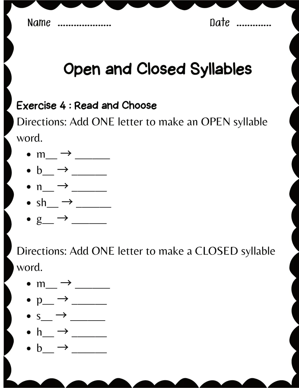 Exercise 4, word building: students add one letter to m, b, n, sh and g to make open words, then to make closed words