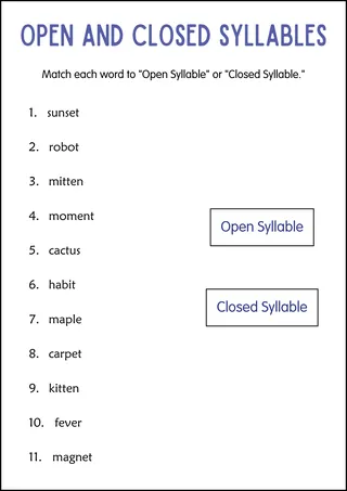 Open and Closed Syllables Worksheets in Spanish – sample page 4