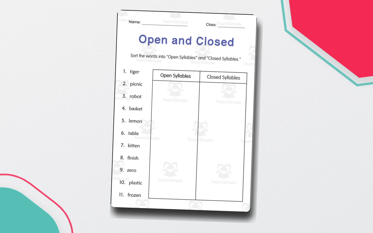 Open and Closed Syllables Spanish worksheet with ten words and a two-column classification table.
