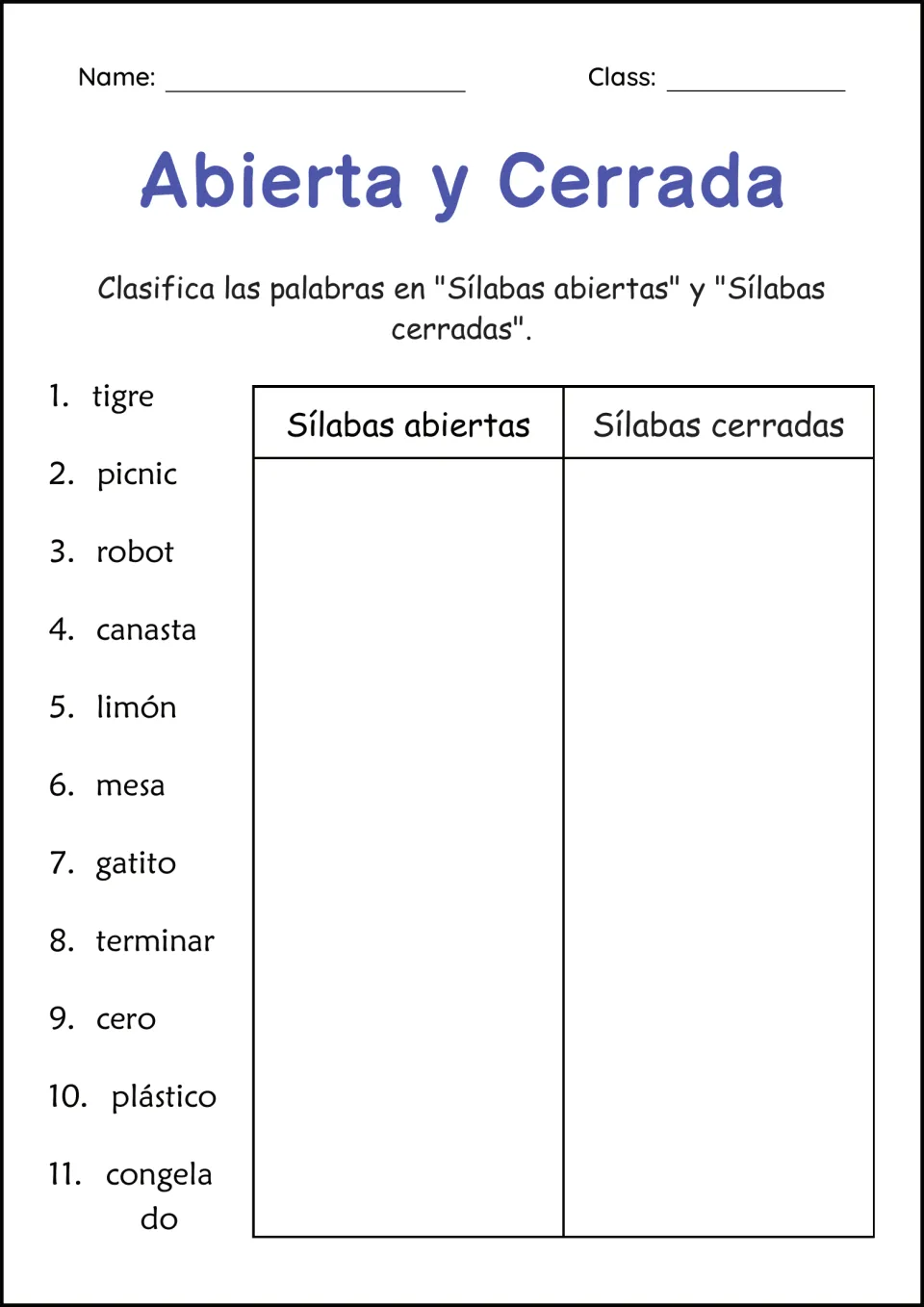 Spanish open and closed syllables sort: students classify 11 words like tigre and robot into Sílabas abiertas or cerradas