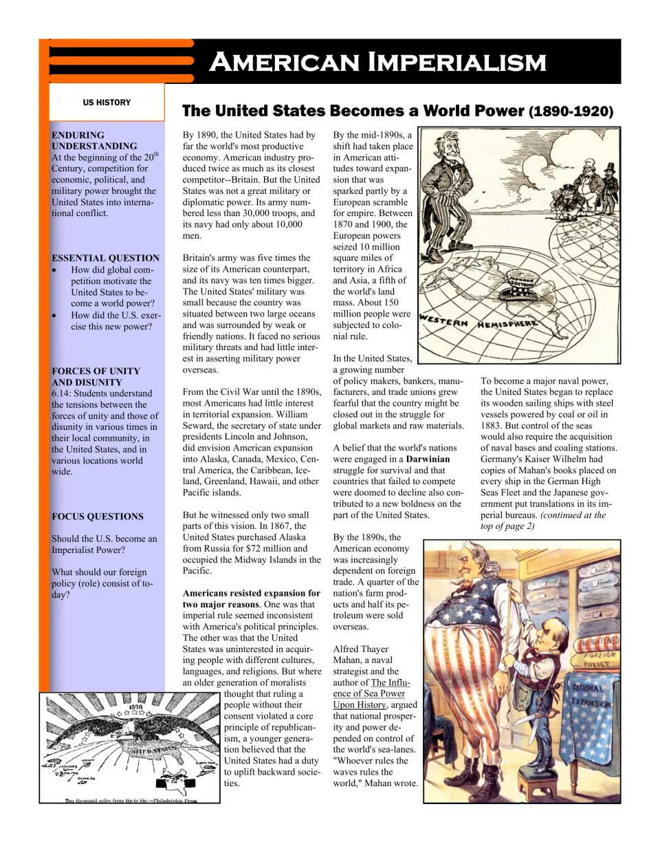 Opening article page on U.S. growth as a world power, economic expansion, naval strength, and imperialism
