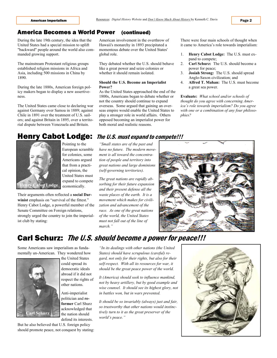 Article page comparing Henry Cabot Lodge's support for expansion with Carl Schurz's argument for peace