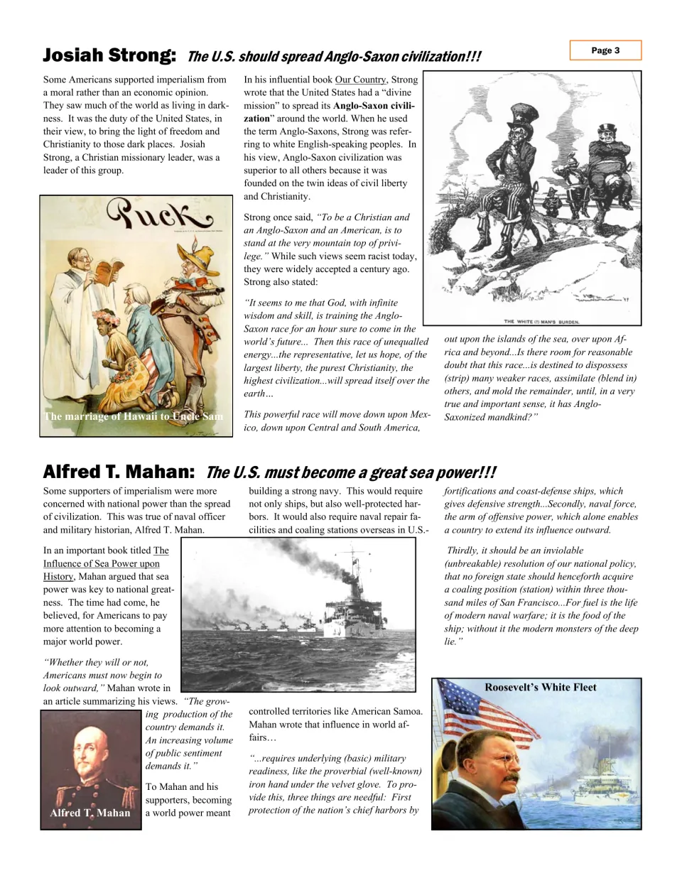 Article page explaining Josiah Strong's Anglo-Saxon ideology and Alfred T. Mahan's support for sea power