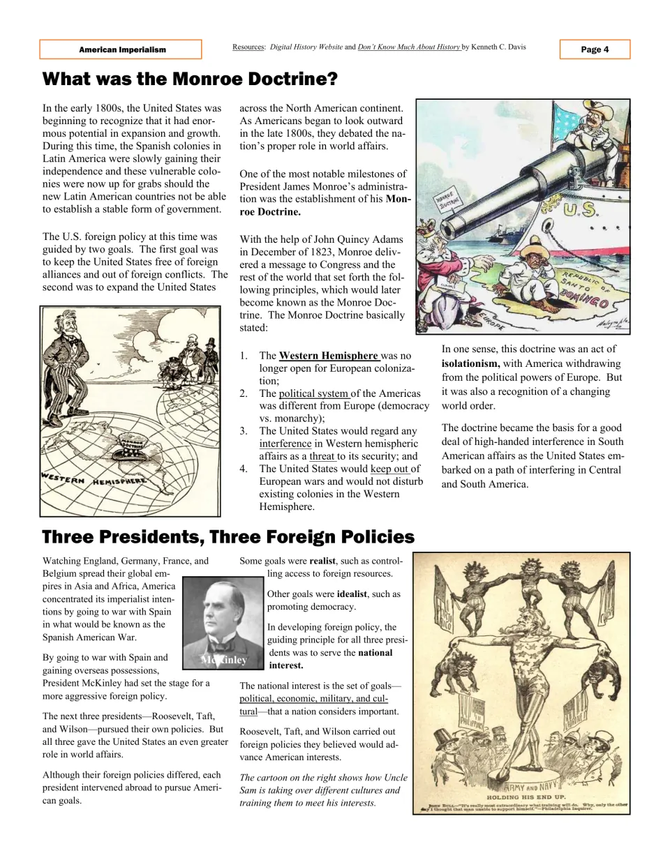 Article page outlining the Monroe Doctrine and introducing Roosevelt, Taft, and Wilson's foreign policies