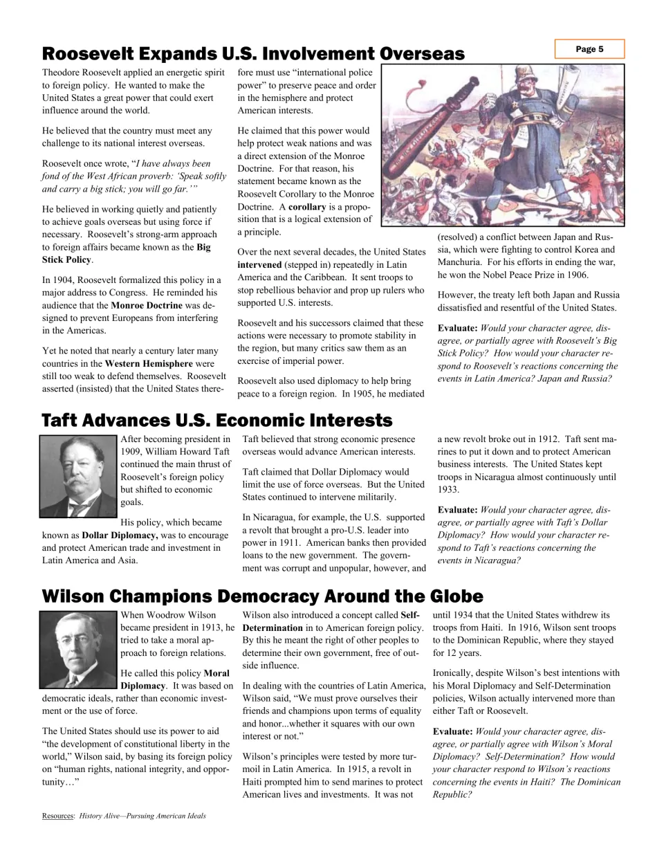 Article page comparing Roosevelt's Big Stick Policy, Taft's Dollar Diplomacy, and Wilson's Moral Diplomacy