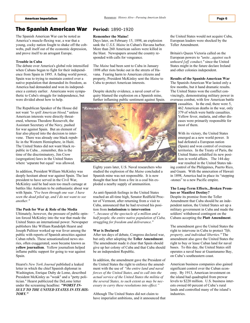 Article page on the Spanish-American War, yellow journalism, the USS Maine, and U.S. control over Cuba
