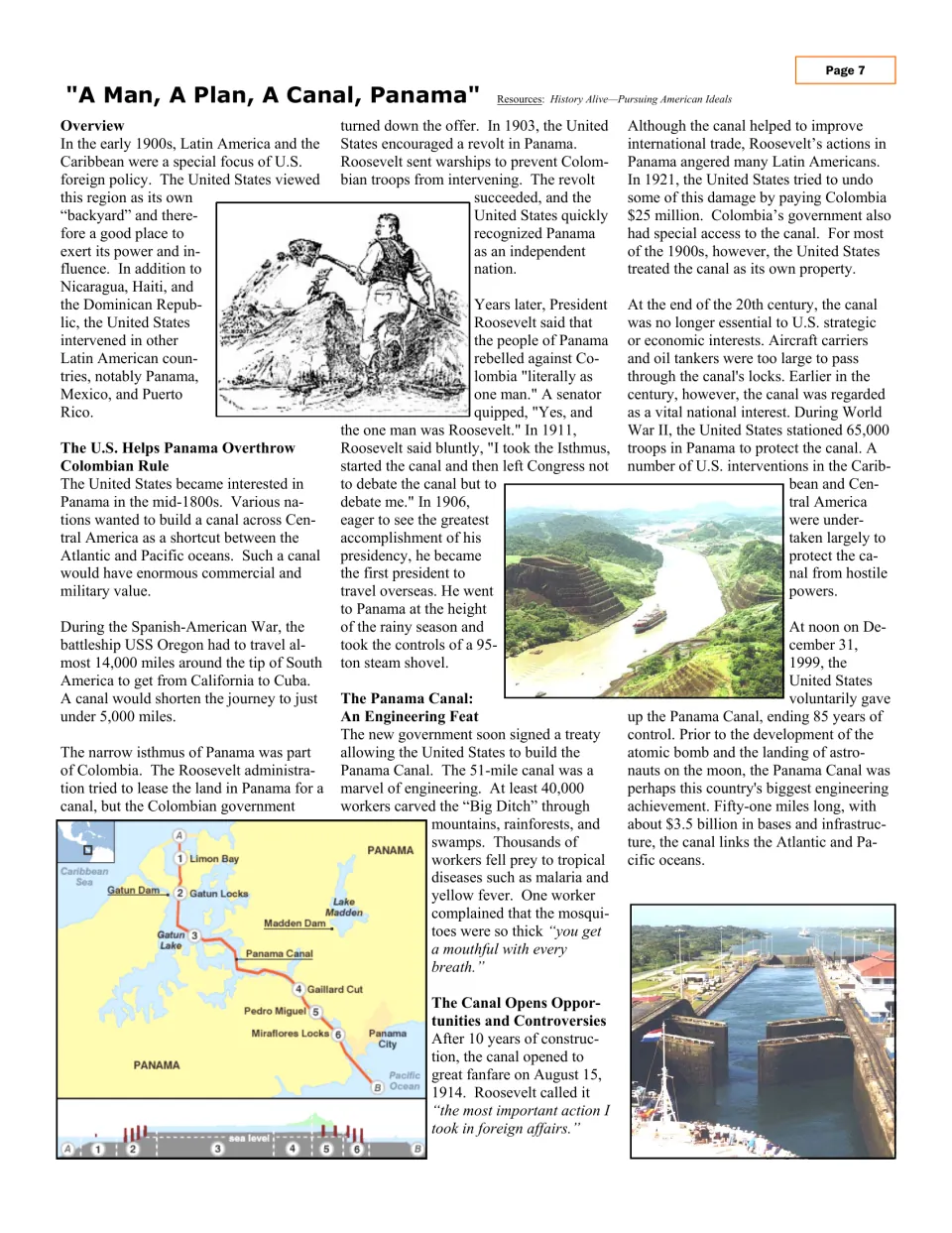 Article page tracing U.S. involvement in Panama, canal construction, and the transfer of canal control