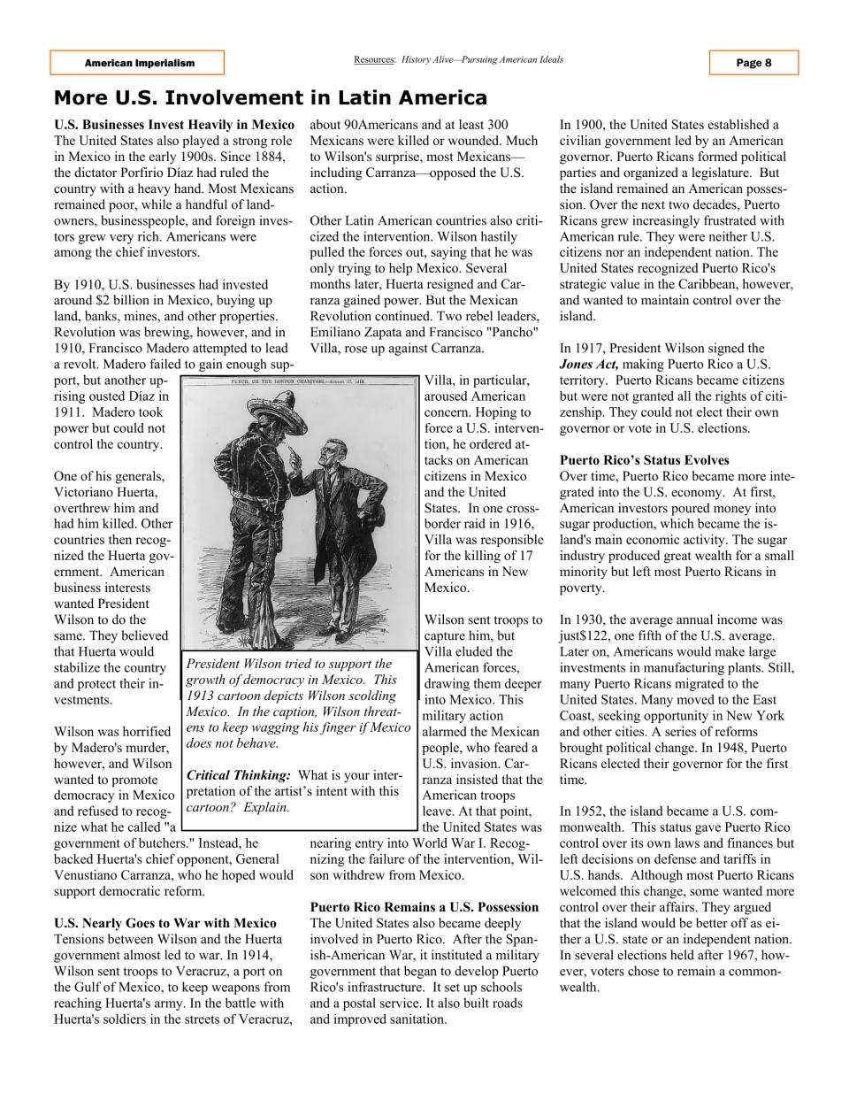 Article page covering U.S. intervention in Mexico and Puerto Rico's changing political and economic status