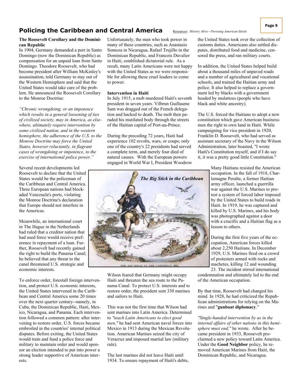 Article page on the Roosevelt Corollary, U.S. occupation of Haiti, resistance, and the Good Neighbor policy