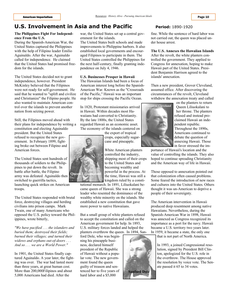 Article page explaining the Philippine fight for independence and U.S. business interests and annexation in Hawaii