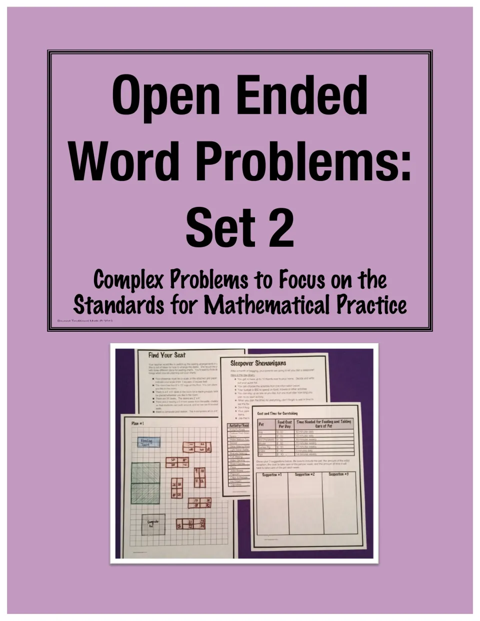 Open Ended Word Problems: Set 2 cover, complex problems on the Math Practice standards, with photos of seating and pet tasks