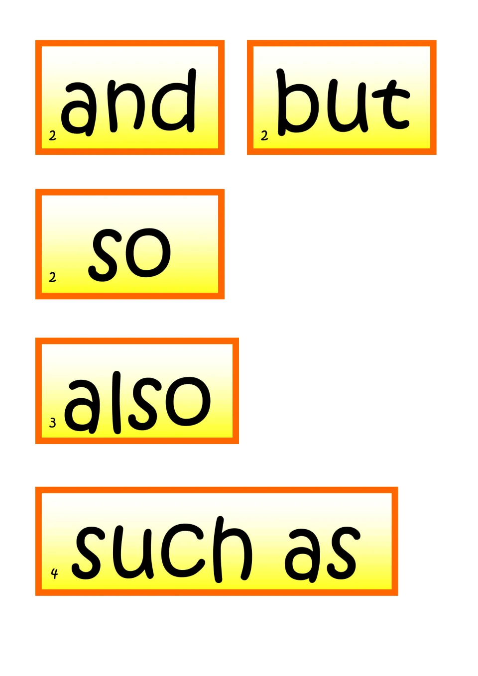 Connective word cards for writing: and, but, so, also and such as in orange, each marked with a small number 2, 3 or 4