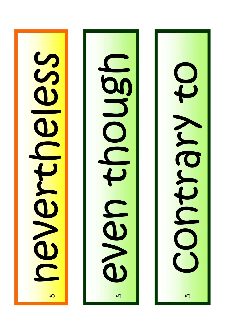 Tall word cards for nevertheless, even though and contrary to, each marked 5, for contrasting ideas in sentences