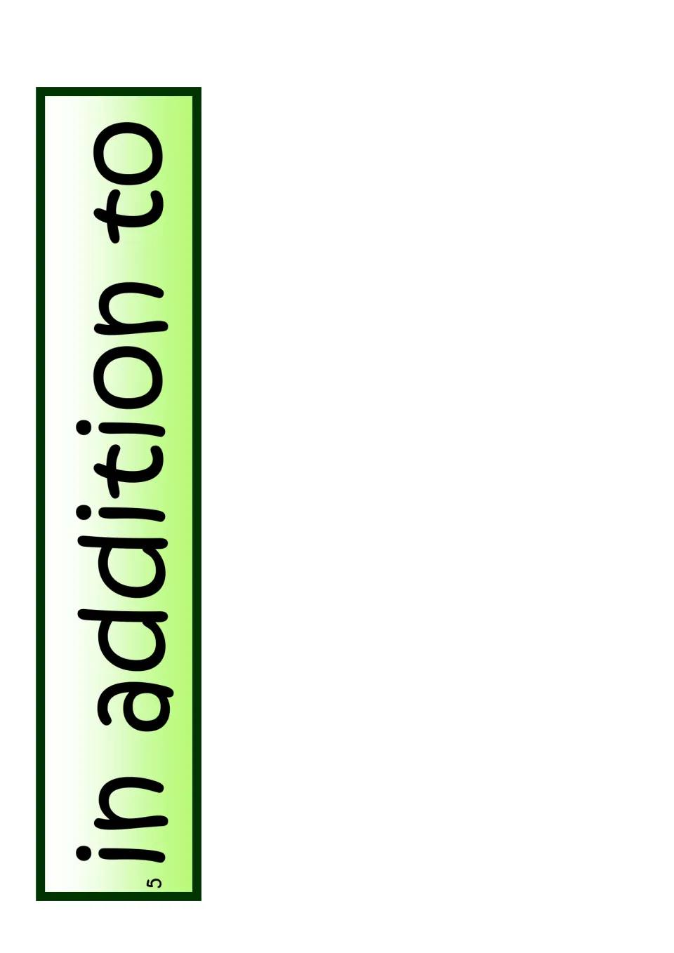 Single tall green word card reading in addition to, marked 5, for adding a further point when linking ideas in writing