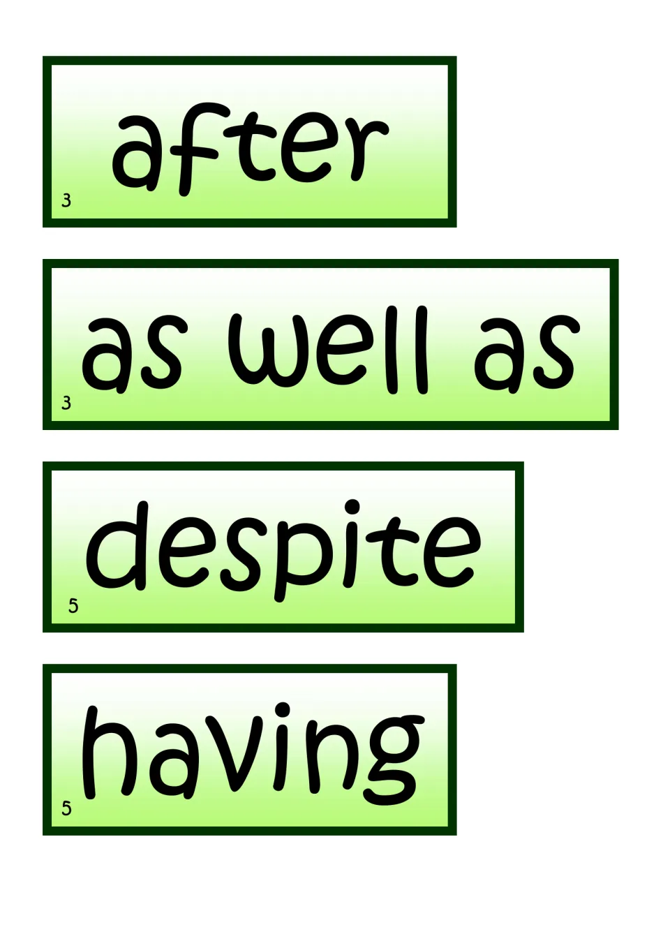 Green linking-word cards: after, as well as, despite and having, marked 3 or 5, for starting or joining sentences