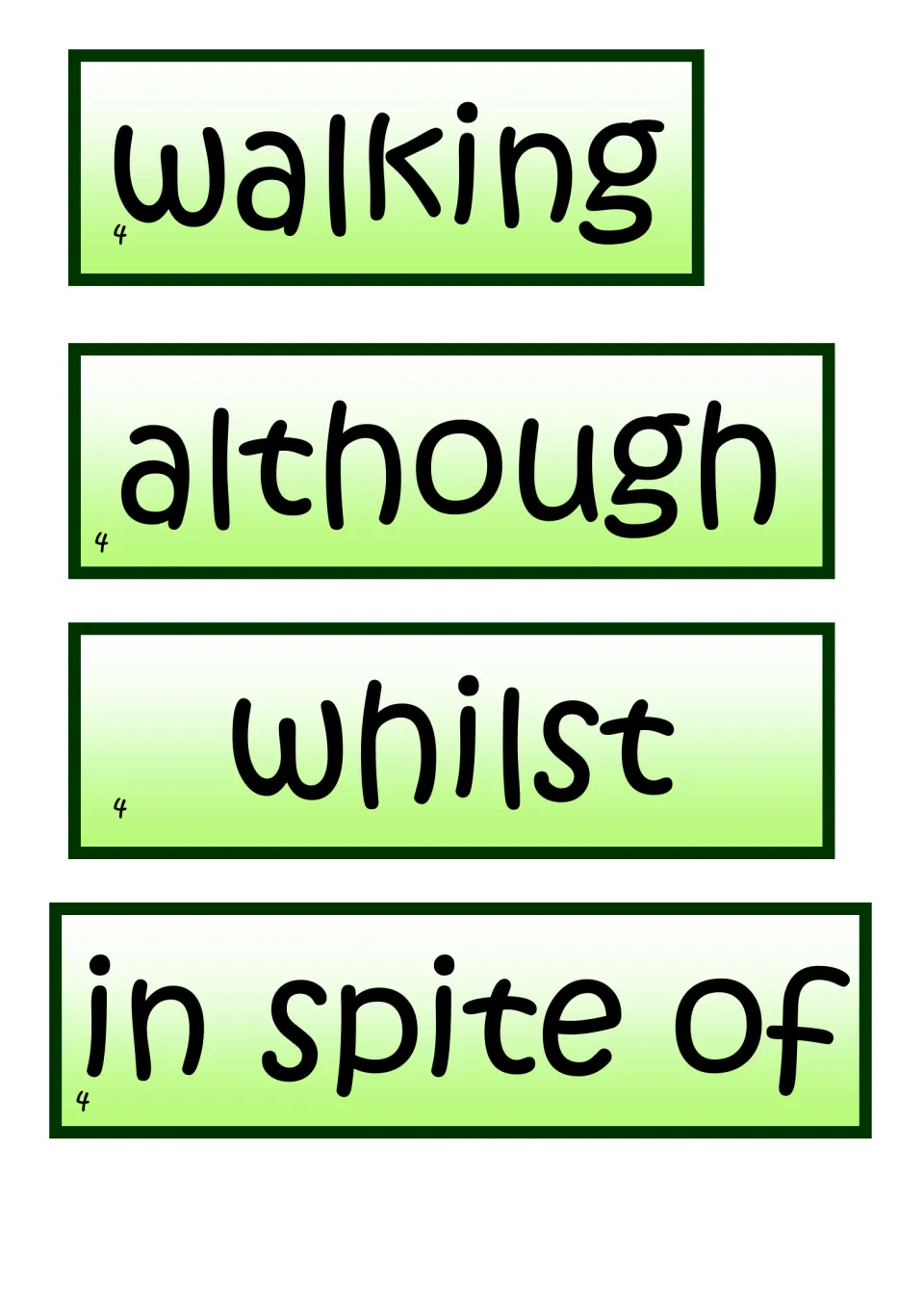 Green linking-word cards: walking, although, whilst and in spite of, each marked 4, for opening sentences with a clause