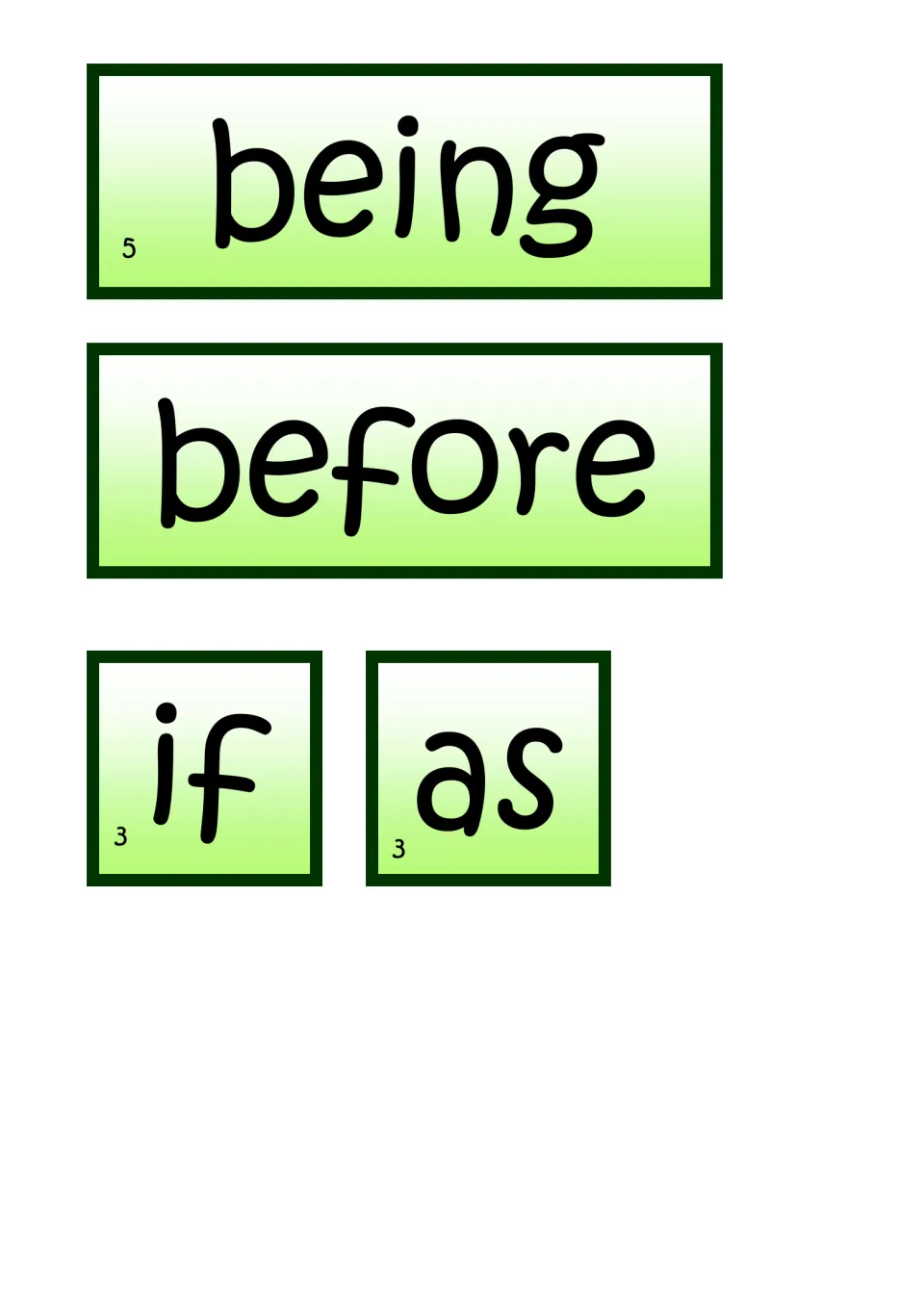 Green word cards reading being, before, if and as, most marked 3 or 5, for varying how students begin and link sentences