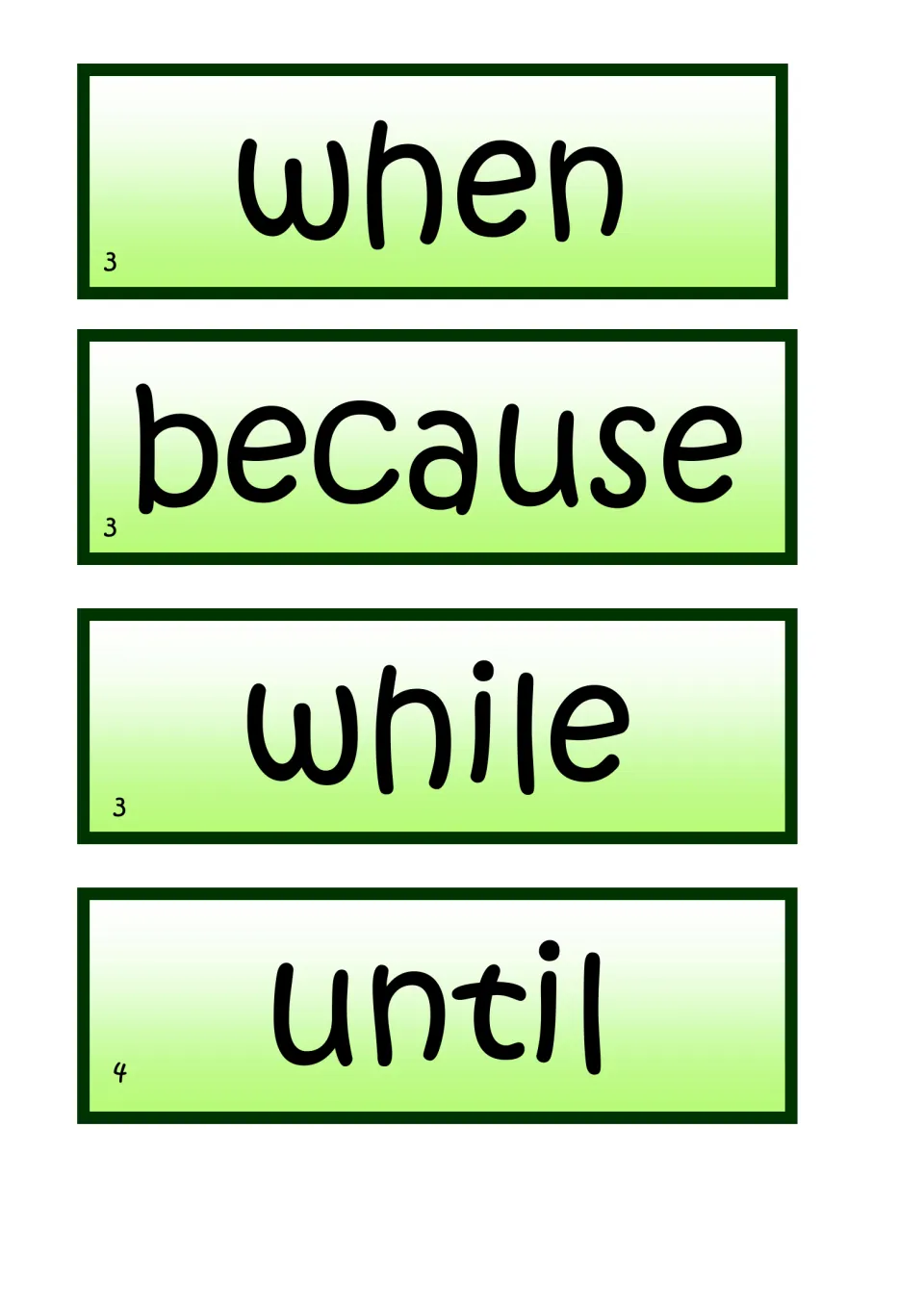 Green word cards reading when, because, while and until, marked 3 or 4, for linking ideas by time or cause