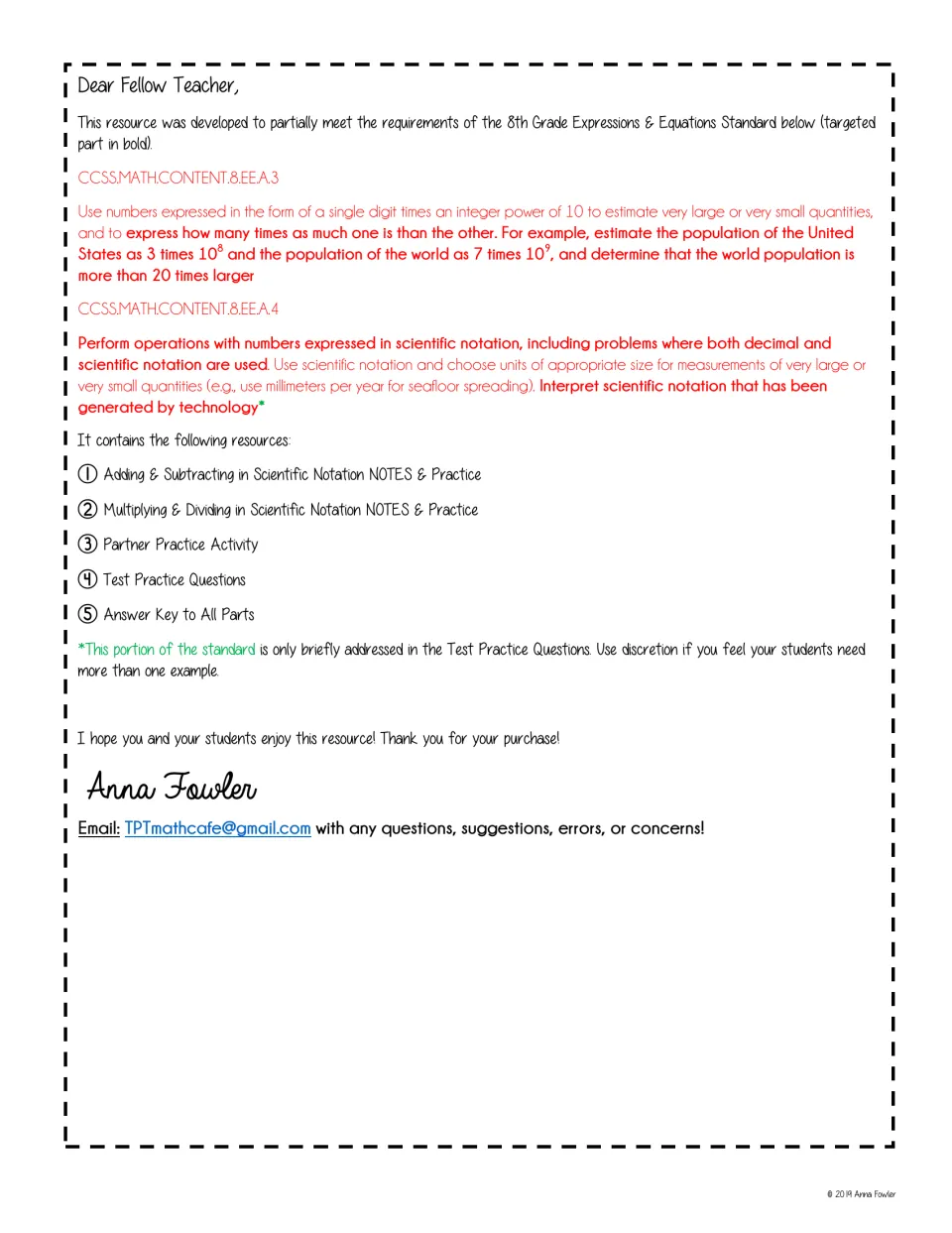 Teacher letter listing the five parts: add/subtract notes, multiply/divide notes, partner activity, test practice, key