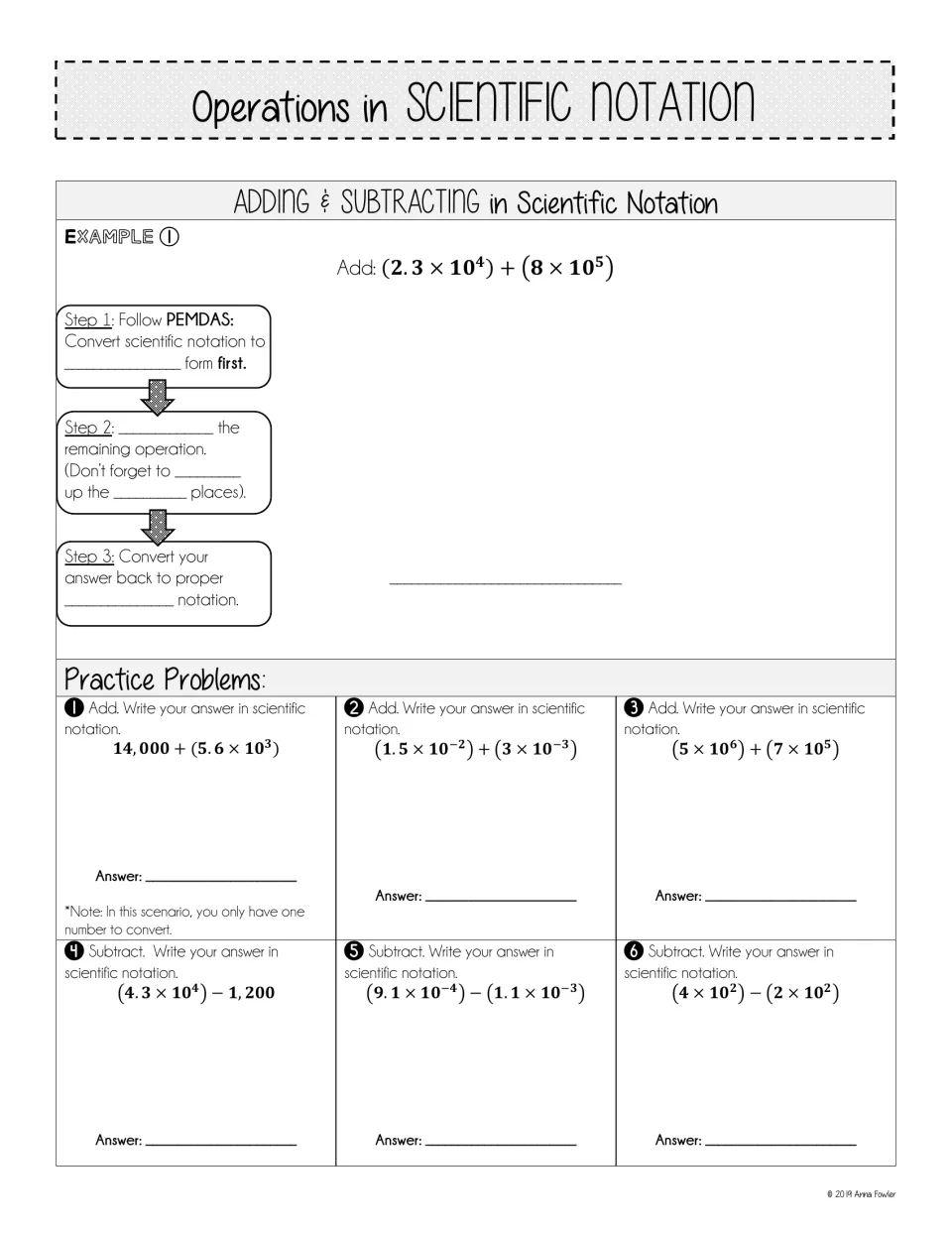 Adding and subtracting in scientific notation: fill-in steps for an example, then 6 practice sums and differences