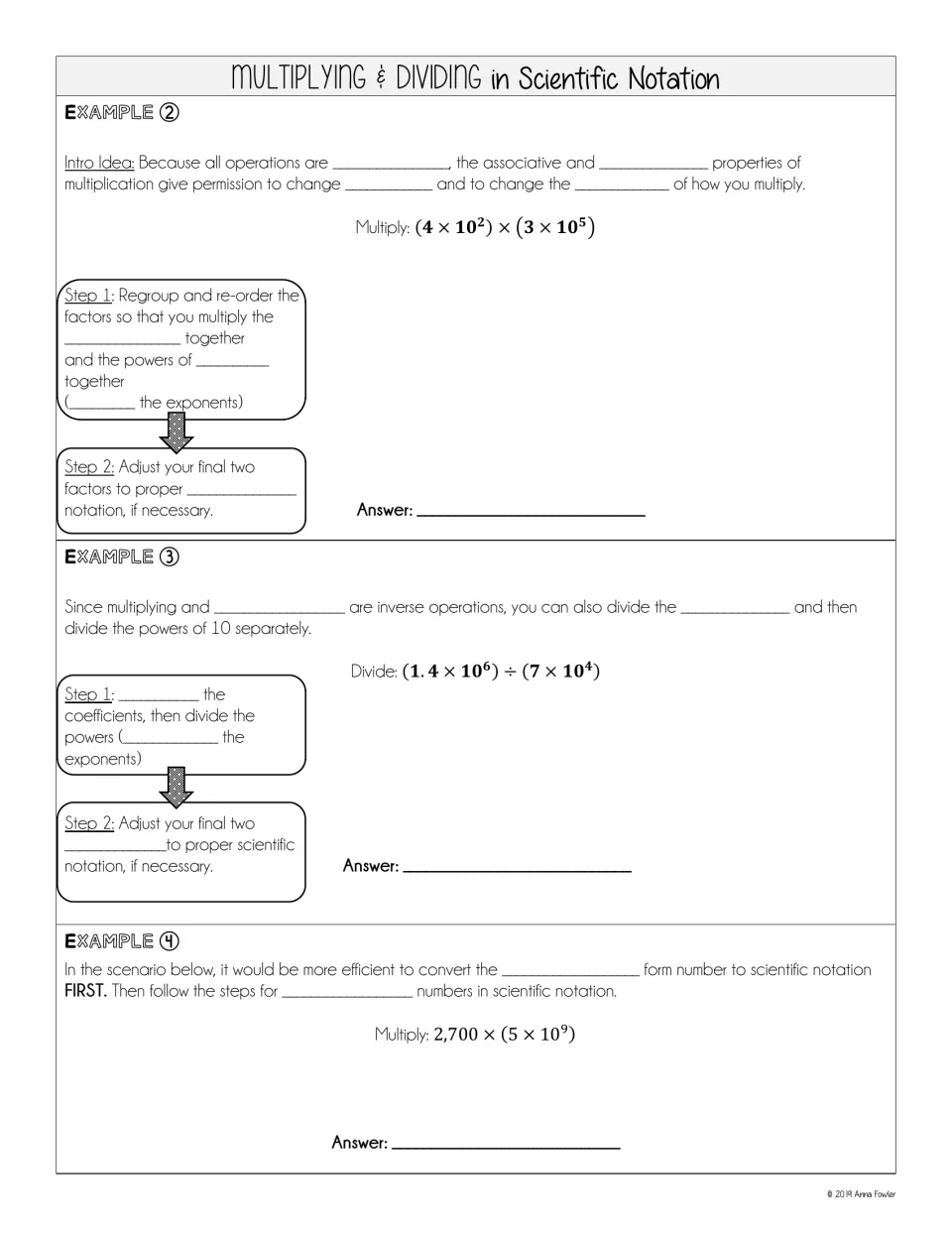 Multiplying and dividing in scientific notation: fill-in notes on regrouping coefficients and powers of 10, Examples 2-4