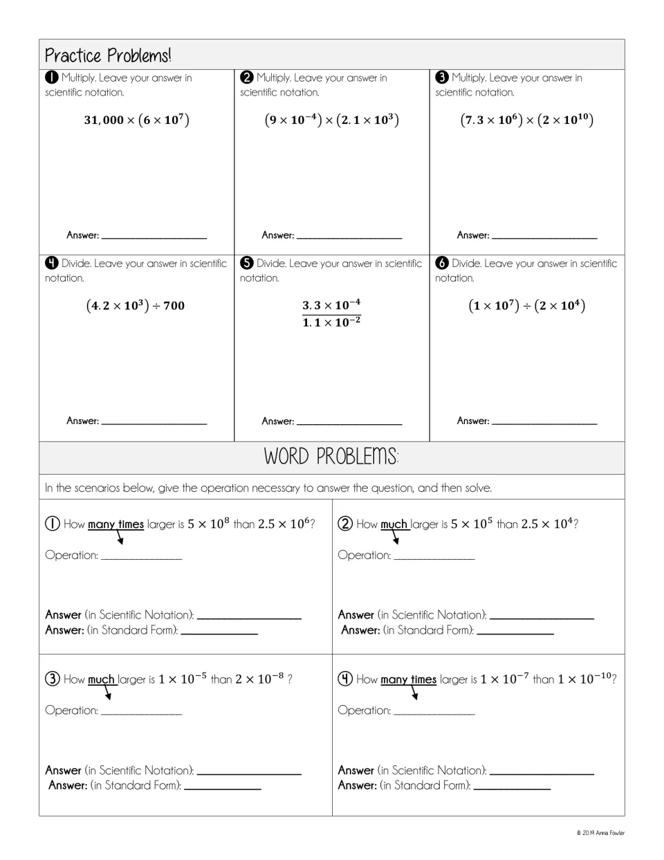 Scientific notation practice: 6 multiply and divide problems, then 4 word problems asking how much or how many times larger