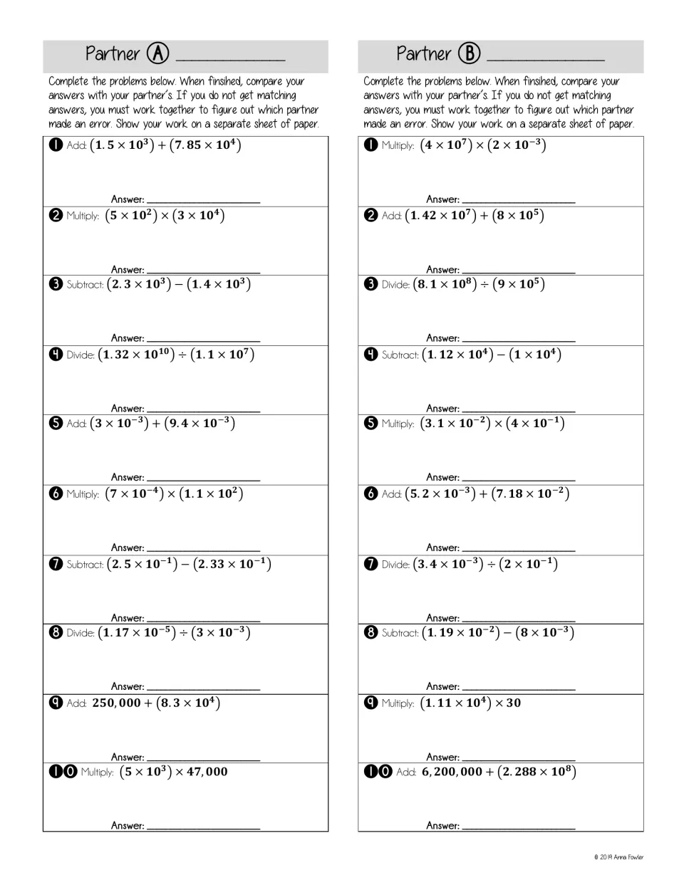 Partner A and Partner B sheets: each solves 10 mixed scientific notation operations, then they compare and fix errors