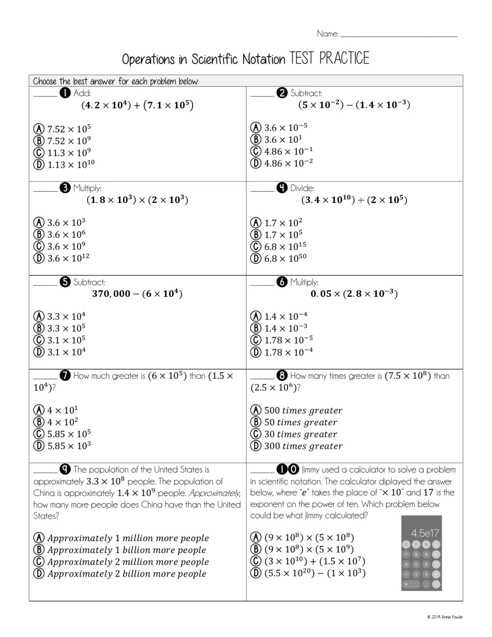 Scientific notation test practice: 10 multiple-choice items, incl. a population comparison and a 4.5e17 calculator display