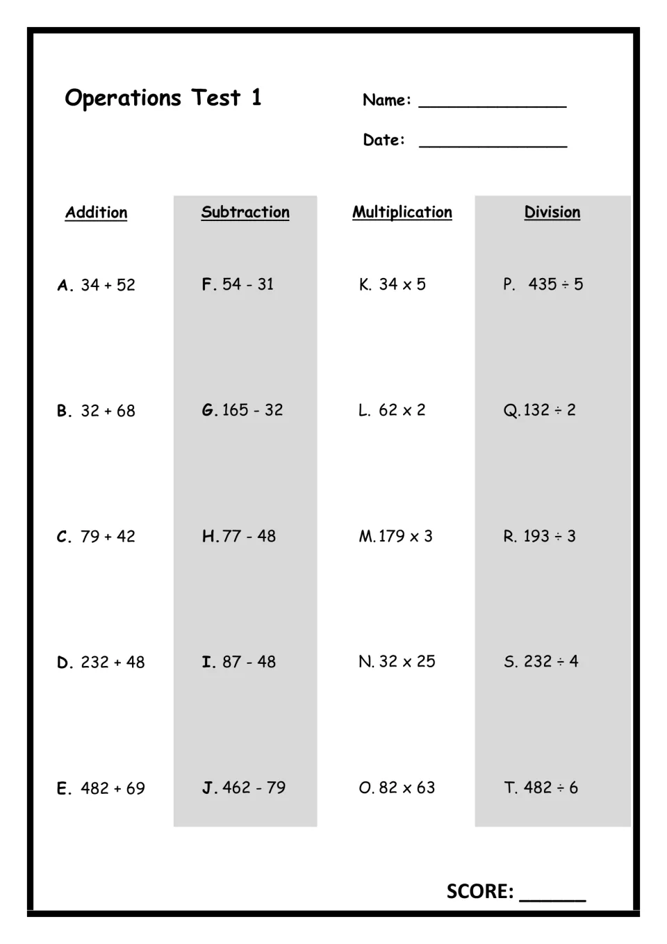 Four operations test: students solve 20 problems, five each of addition, subtraction, multiplication and division