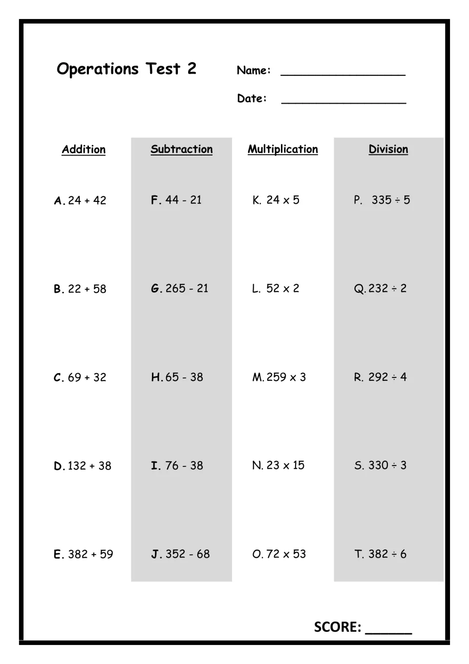 Four operations test: students solve 20 problems, five each of addition, subtraction, multiplication and division